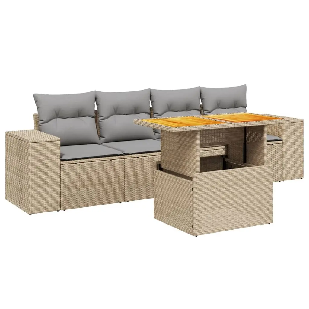 5 Piece Garden Sofa Set Outdoor Patio Furniture with Cushions Beige Poly Rattan
