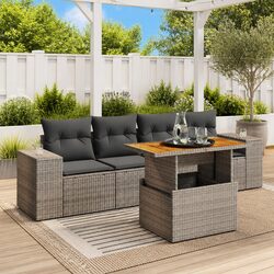 5 Piece Garden Sofa Set Grey Poly Rattan Outdoor Furniture with Cushions