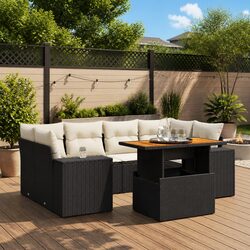 7 Piece Outdoor Garden Sofa Set with Cushions Black Poly Rattan Modular Patio