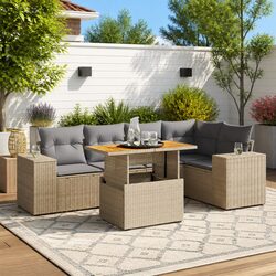 Garden Sofa Set 6 Piece Outdoor Furniture Beige Poly Rattan Patio Lounge