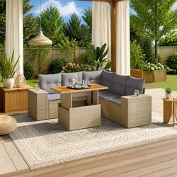 Garden Sofa Set 6 Piece Outdoor Furniture Beige Poly Rattan Patio with Cushions