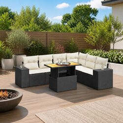 7 Piece Garden Sofa Set Outdoor Patio Furniture Black Poly Rattan with Cushions