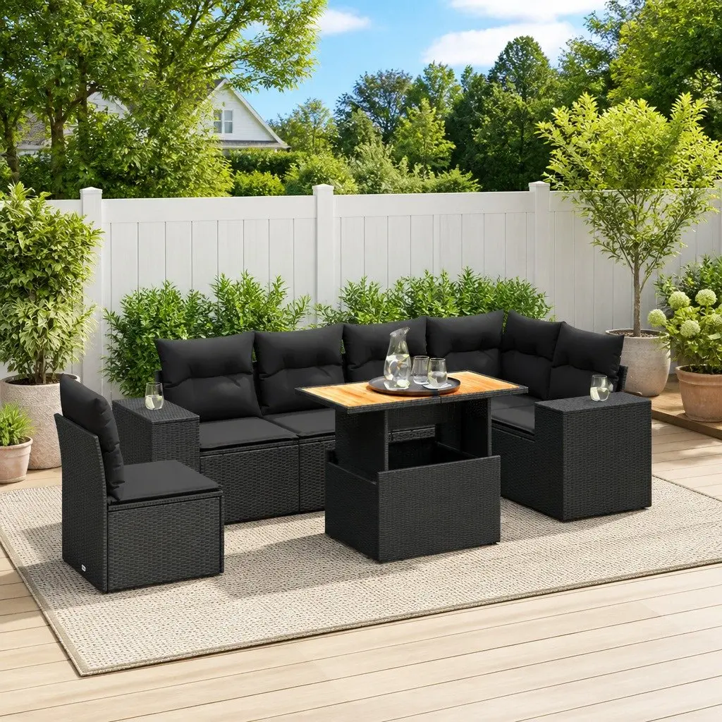 7-Piece Garden Outdoor Sofa Set Black Poly Rattan Modular Patio Furniture