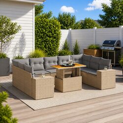 Garden Sofa Set 10 Piece Outdoor Furniture with Cushions Beige Poly Rattan