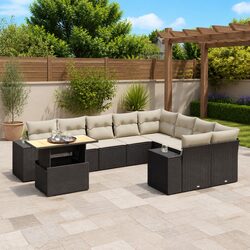 10 Piece Outdoor Garden Sofa Set Black Poly Rattan Modular Patio Furniture with