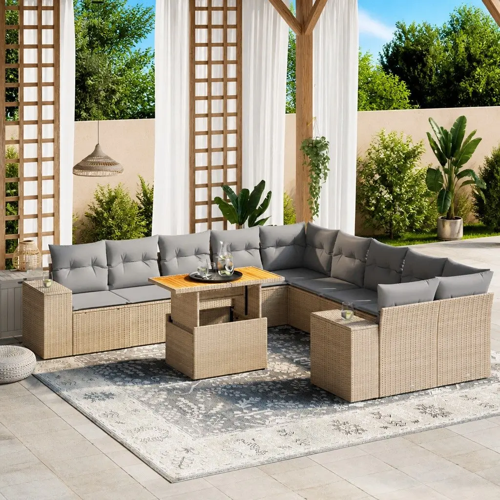 11 Piece Garden Sofa Set with Adjustable Table Beige Poly Rattan Outdoor Patio