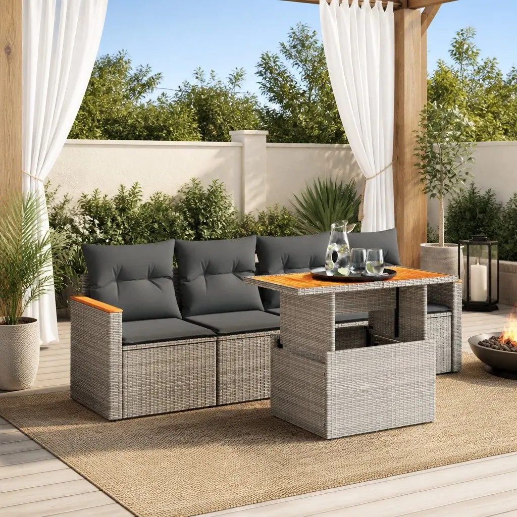 5 Piece Garden Sofa Set Outdoor Furniture Grey Poly Rattan with Cushions Patio