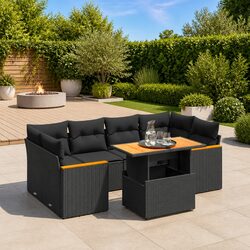 Garden Sofa Set 7 Piece Outdoor Furniture Patio Black Poly Rattan Cushions