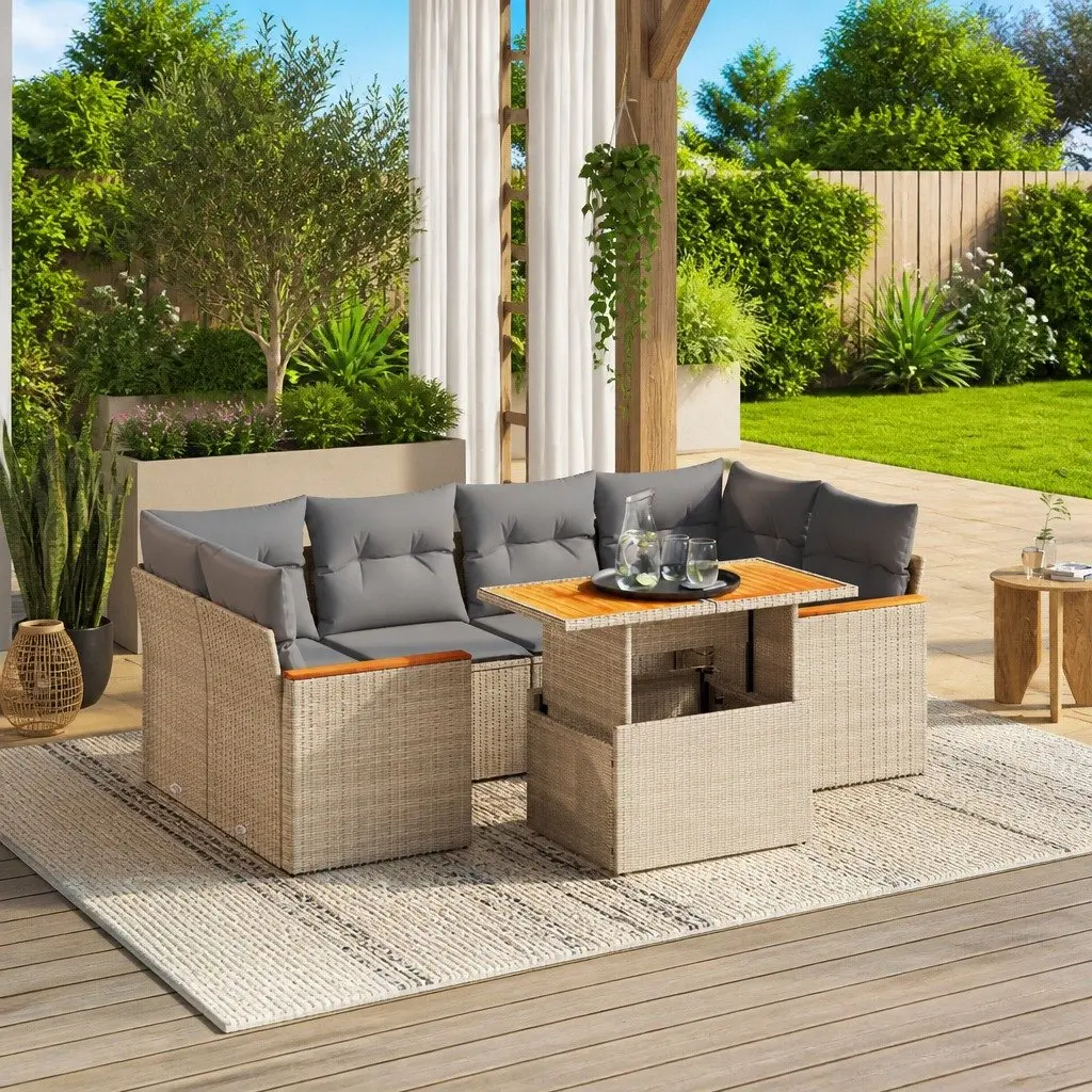 7 Piece Outdoor Garden Sofa Set Adjustable Dining Table Beige Poly Rattan Patio