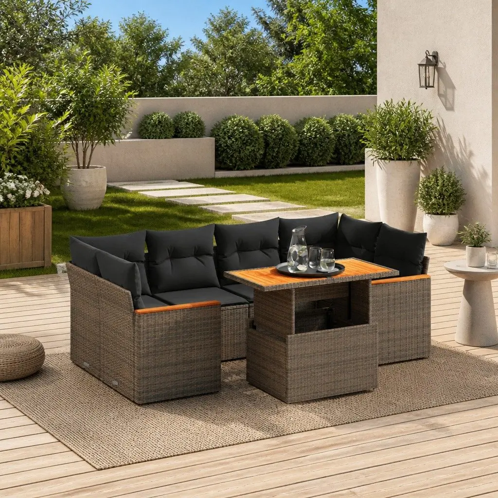 7 Piece Garden Sofa Set with Adjustable Dining Table Grey Poly Rattan Outdoor