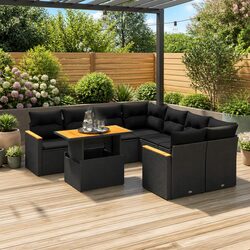 Garden Sofa Set 9 Piece Outdoor Furniture Black Poly Rattan Patio Lounge with
