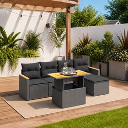 6 Piece Garden Sofa Set Outdoor Furniture with Cushions Black Poly Rattan Patio
