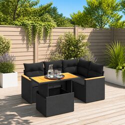 5 Piece Garden Sofa Set Outdoor Furniture with Cushions Black Poly Rattan