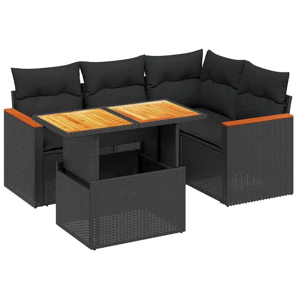 5 Piece Garden Sofa Set Outdoor Furniture with Cushions Black Poly Rattan
