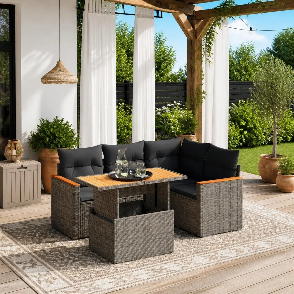 5 Piece Garden Sofa Set Adjustable Table Outdoor Furniture Grey Poly Rattan