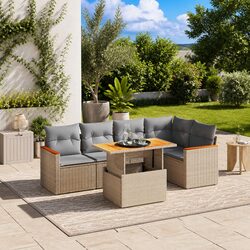 Garden Sofa Set 6 Piece Outdoor Furniture with Cushions Beige Poly Rattan Patio