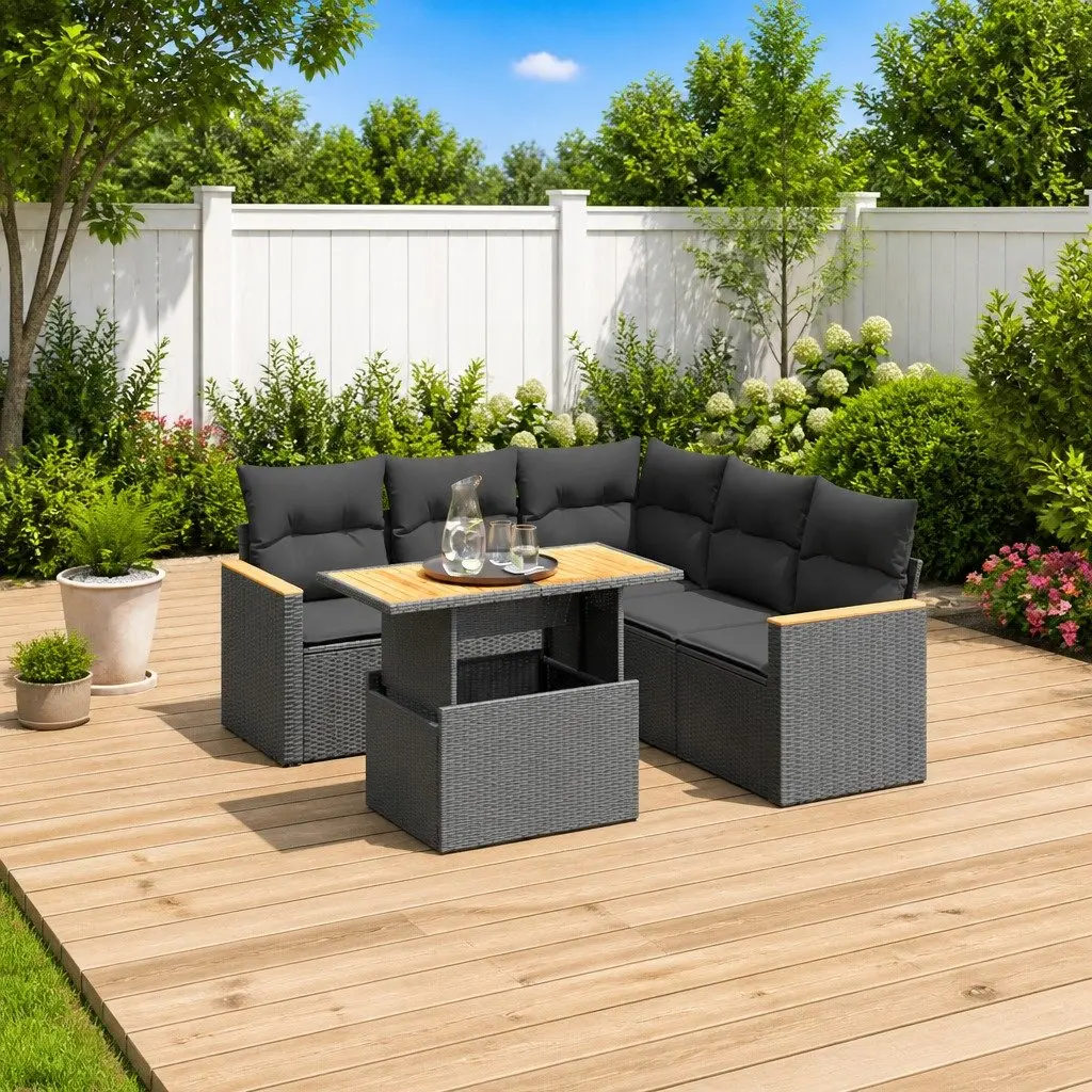 6 Piece Garden Sofa Set Outdoor Furniture Black Poly Rattan Cushions Patio