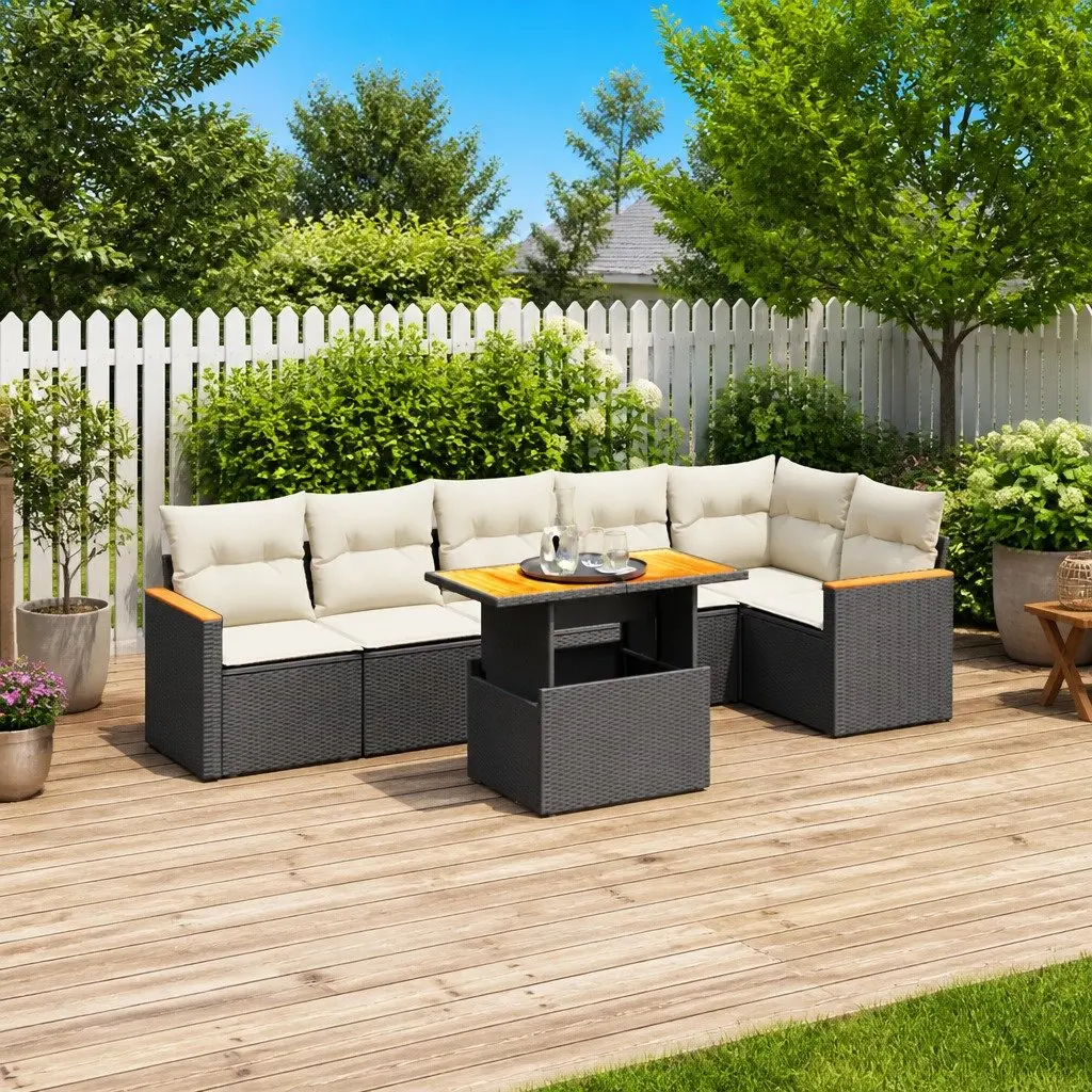 7 Piece Outdoor Garden Sofa Set Black Poly Rattan Patio Furniture with Cushions