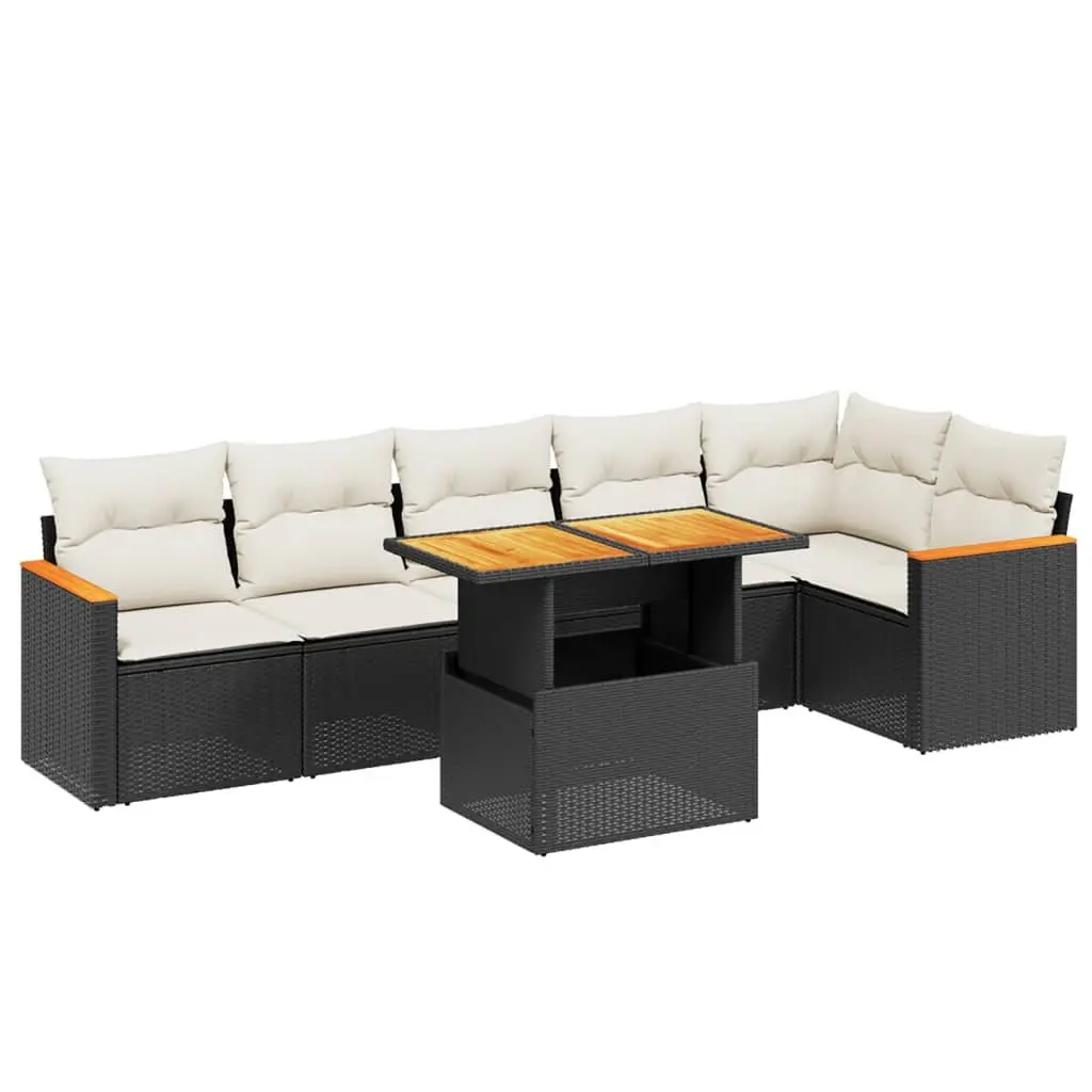 7 Piece Outdoor Garden Sofa Set Black Poly Rattan Patio Furniture with Cushions