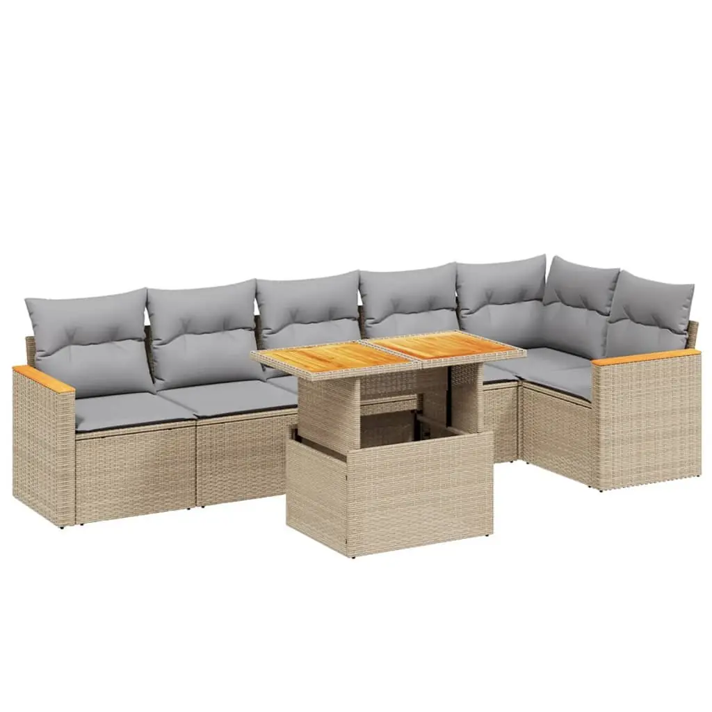 7 Piece Garden Sofa Set Outdoor Patio Furniture with Cushions Beige Poly Rattan