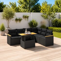 7 Piece Outdoor Garden Sofa Set Black Poly Rattan Patio Furniture with Cushions