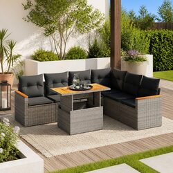 7 Piece Garden Sofa Set with Adjustable Dining Table Grey Poly Rattan Outdoor