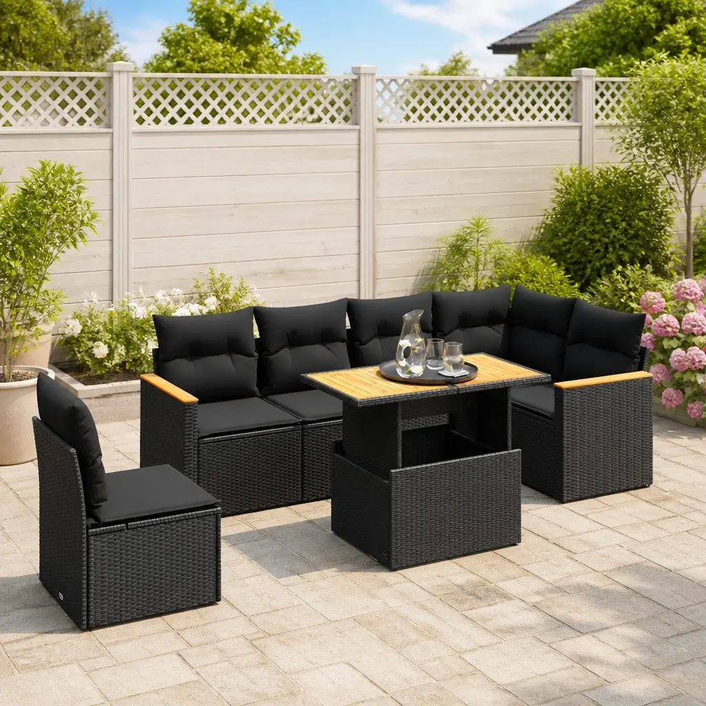 7 Piece Garden Sofa Set Outdoor Furniture Black Poly Rattan with Cushions Patio
