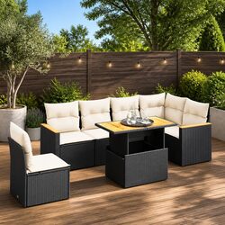 7 Piece Garden Sofa Set Black Poly Rattan Outdoor Furniture Patio Cushions