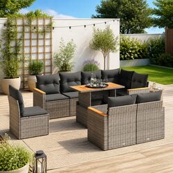 9 Piece Garden Sofa Set Grey Poly Rattan Outdoor Furniture with Cushions