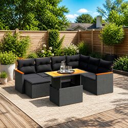 Garden Sofa Set 8 Piece Outdoor Furniture Black Poly Rattan with Cushions Patio