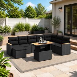9 Piece Garden Sofa Set Black Poly Rattan Outdoor Furniture Patio with Cushions