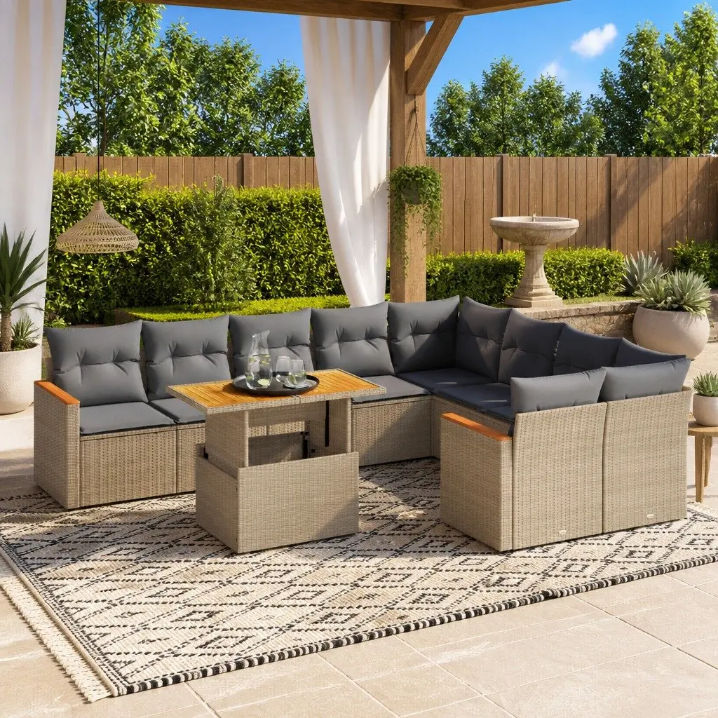 Outdoor Garden Sofa Set 10 Piece Modular Beige PE Rattan Patio Furniture with Cushions