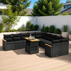 Garden Sofa Set 11 Piece Outdoor Furniture Black Poly Rattan Modular Patio