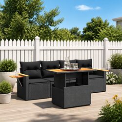 5 Piece Outdoor Garden Sofa Set Black Poly Rattan with Cushions Patio Furniture