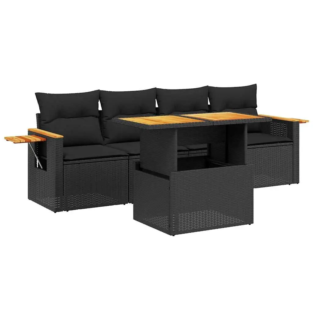 5 Piece Outdoor Garden Sofa Set Black Poly Rattan with Cushions Patio Furniture