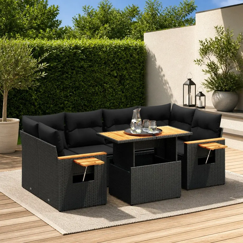 7 Piece Garden Sofa Set Modular Outdoor Furniture Black Poly Rattan with Cushions