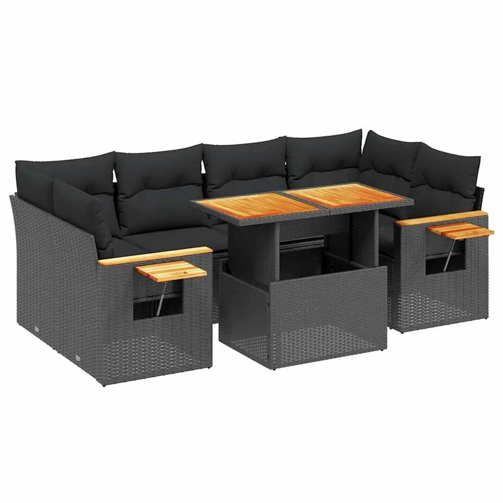 7 Piece Garden Sofa Set Modular Outdoor Furniture Black Poly Rattan with Cushions