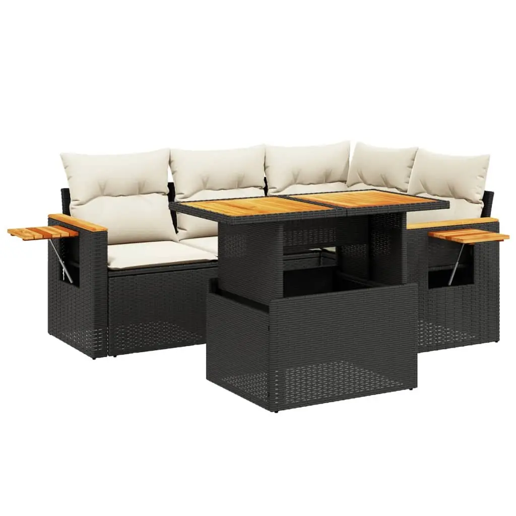 5 Piece Outdoor Garden Sofa Set Black Poly Rattan Patio Furniture with Cushions