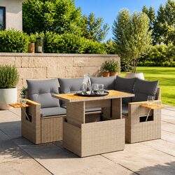 5 Piece Outdoor Garden Sofa Set with Cushions Beige Poly Rattan Patio Furniture