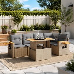 Garden Sofa Set 6 Piece Outdoor Furniture Beige Poly Rattan Patio Lounge Modular