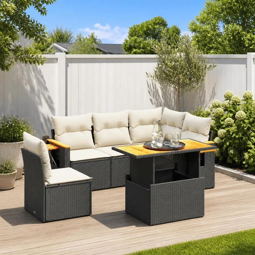 6 Piece Garden Sofa Set Black Poly Rattan Outdoor Furniture Patio Lounge Modular