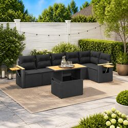 7 Piece Garden Sofa Set Black Poly Rattan Outdoor Patio Furniture with Cushions