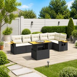 7 Piece Garden Sofa Set Outdoor Patio Furniture Black Poly Rattan with Cushions