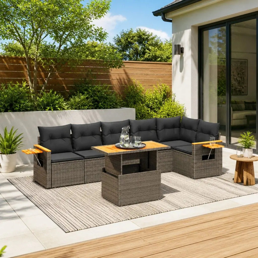 7 Piece Grey Garden Sofa Set with Cushions Outdoor Patio Furniture Poly Rattan