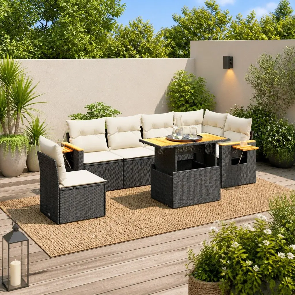 7 Piece Outdoor Sofa Set Black PE Rattan Modular Garden Patio Furniture with Cushions