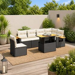 7 Piece Outdoor Sofa Set Black Poly Rattan Garden Patio Furniture with Cushions