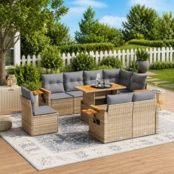 9 Piece Garden Sofa Set with Cushions Beige Outdoor Furniture Modular Patio