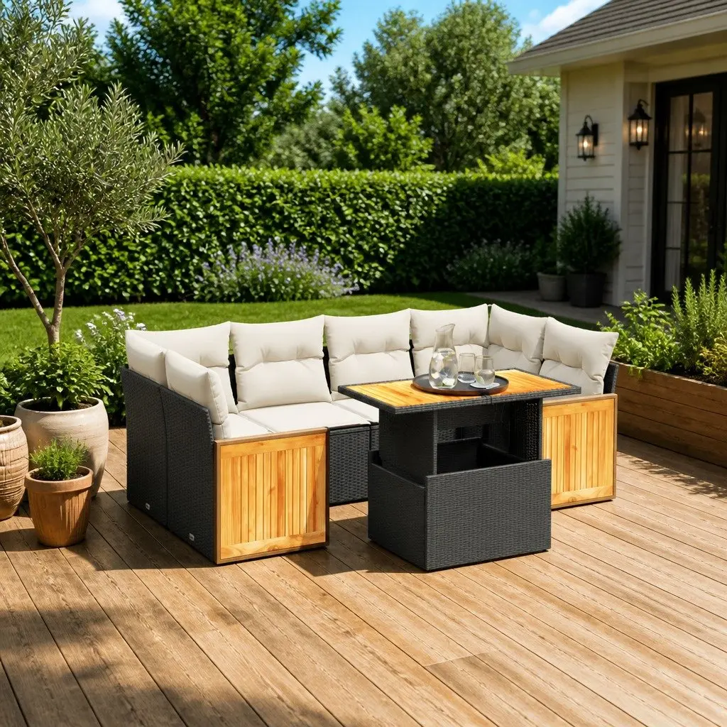 7 Piece Garden Sofa Set Outdoor Patio Furniture Black Poly Rattan with Cushions