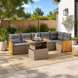 7 Piece Garden Sofa Set Beige Poly Rattan Outdoor Furniture with Cushions