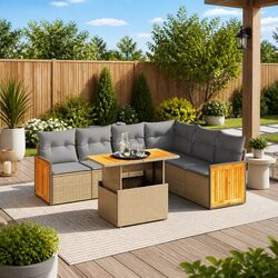 7 Piece Outdoor Garden Sofa Set with Cushions Beige Poly Rattan Modular Patio